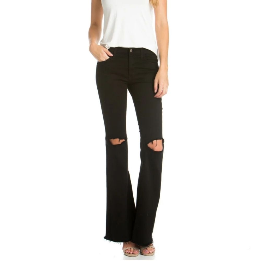 O2 Denim Drift Away Black Knee Slit Denim Flare Jeans Black Distressed 28 Grunge